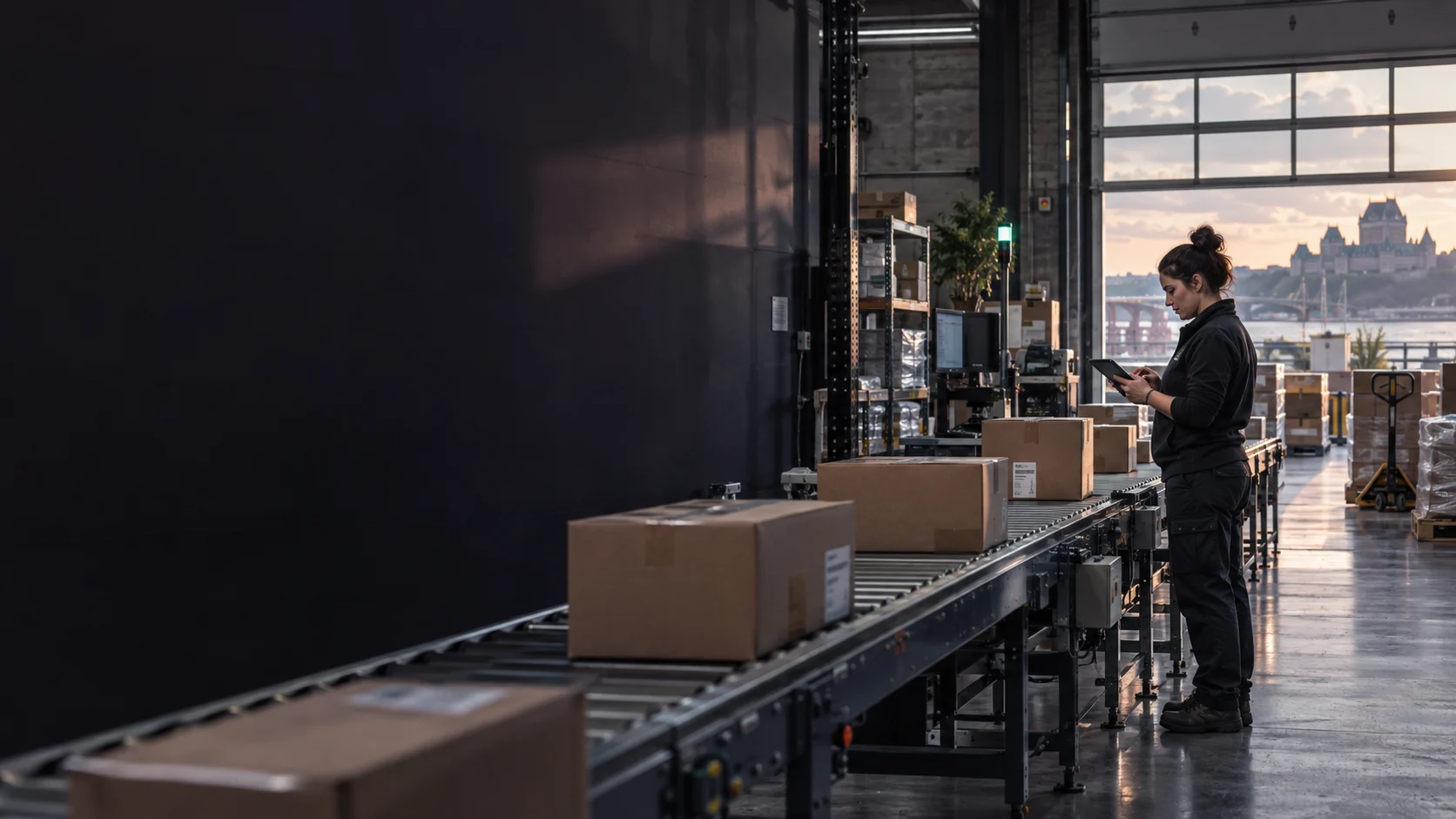Une spécialiste observe une chaîne logistique automatisée